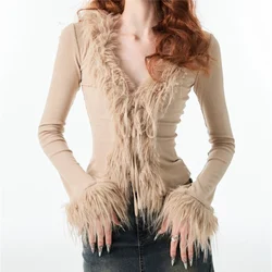 Elegant Vintage V-neck Lace Up Cardigan Women Long Sleeve Slim Fit Top Woman Korean Fashion Sexy Tops Spring Female Clothing