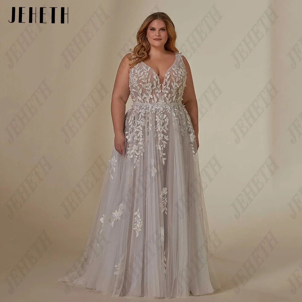 Sra. jeheth elegante vestido de novia de mayor tamaño con espaldaJEHETH-vestido de novia elegante de talla grande para mujer, vestidos de novia de línea a con Espalda descubierta, Apliques de encaje clásicos, tul, 2023