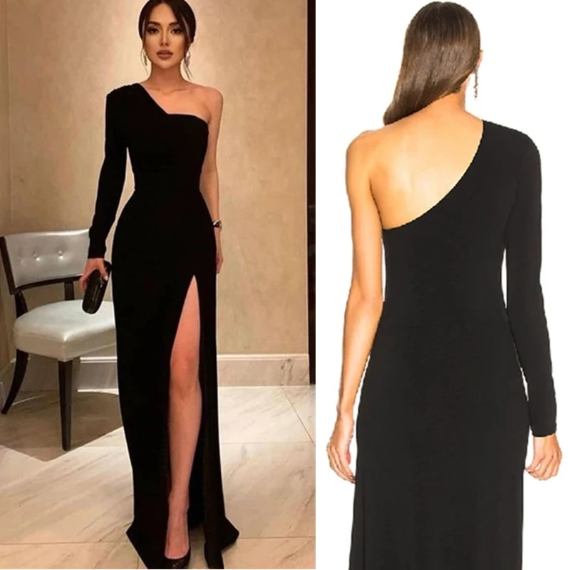 

Simple One-Shoulder Side High Split Formal Long Prom DressSatin Black Mermaid Evening Dress Long Sleeves فساتين السهرة Custom