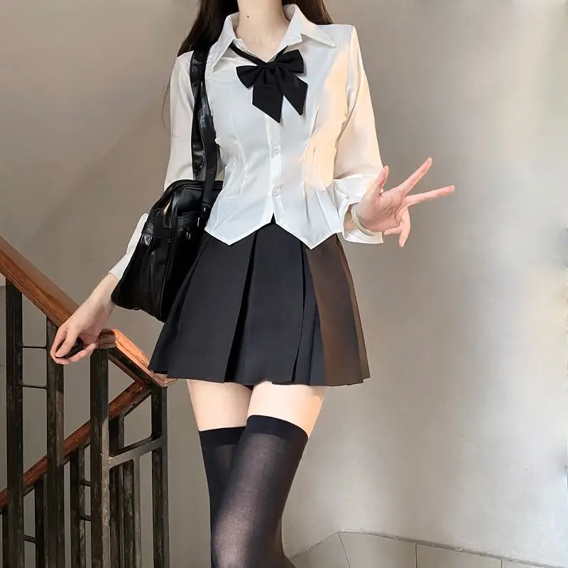 Japan White Elastic Slim Fit Waist JK Shirt Grey Pure JK Uniform Pleated Skirt Inner Shirt Women 2024 New