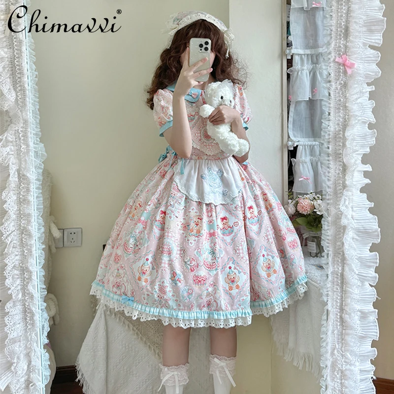 

Sweet Girl Love Embroidery Op Dress Spring and Summer New Original Cute Cartoon Print High Waist Kawaii Lolita Dress for Women