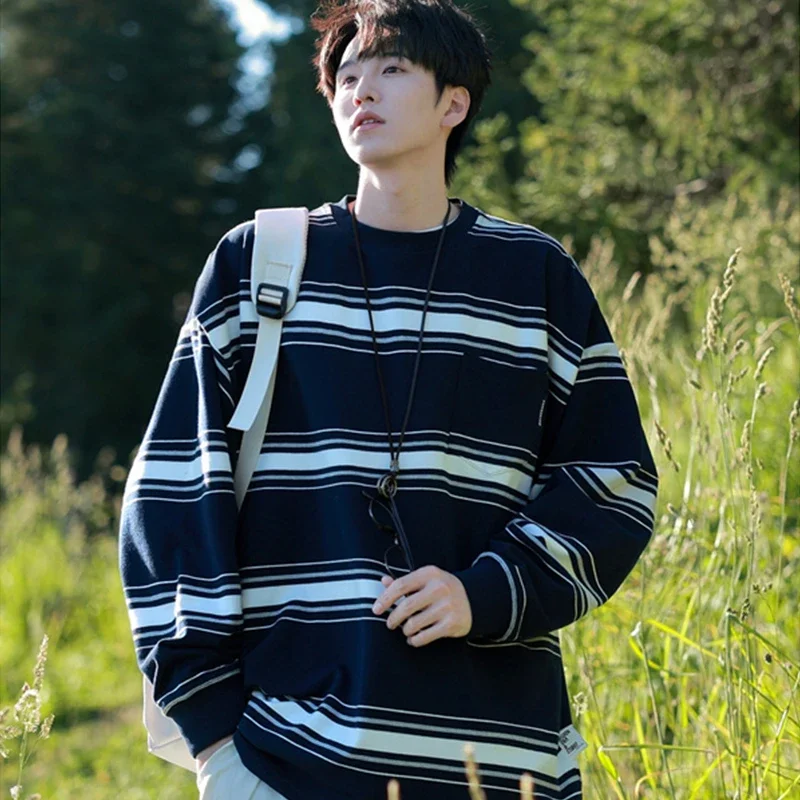 

Autumn Japanese Retro Striped Sweatshirts For Men And Women Y2K Streetwear Crewneck Long Sleeve T-shirts Casual Pocket Knit Tops