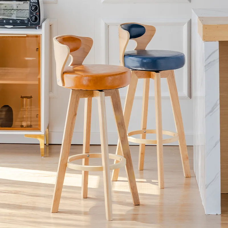 Solid wood commercial bar stool rotating retro backrest high stool light luxury home European cafe