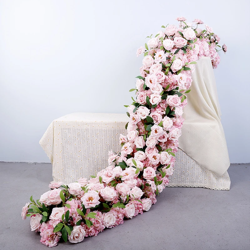 

White Pink Wedding Backdrop Deco Rose Floor Flower Runner Event Table Centerpieces Ball Silk Floral Strip Arrangement Party Prop