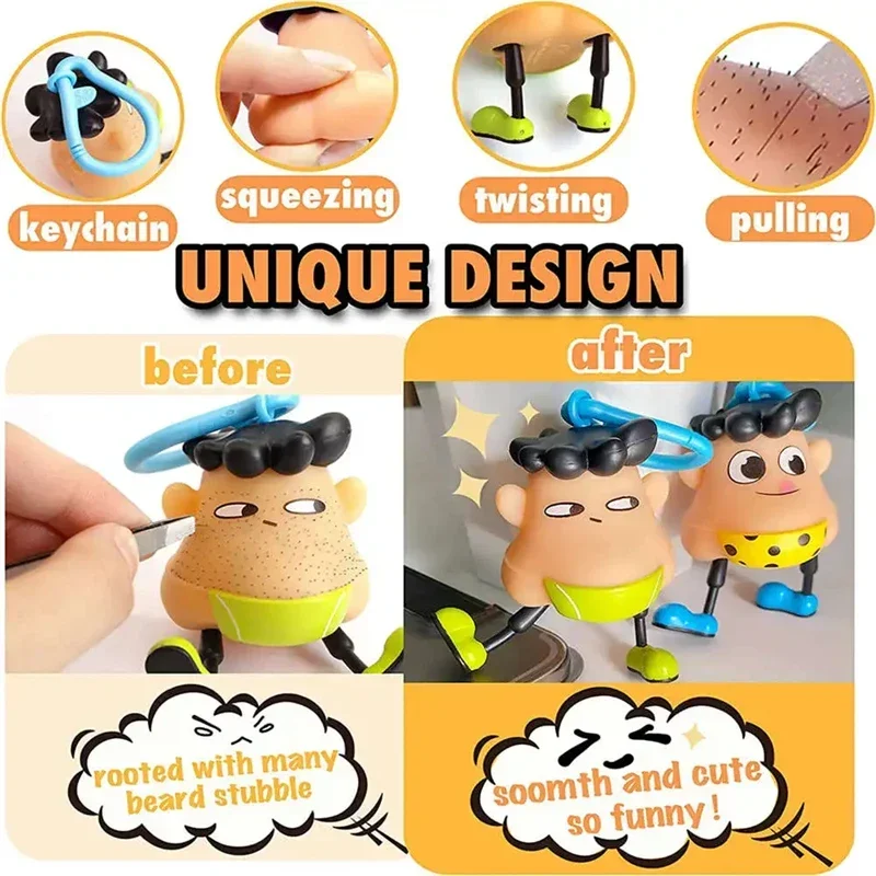 Novelty Plucking Blackhead Fidget Toys Cartoon Pulling Hair Beard Skin Picking Keychain Pimple Anti Stress for Kids Xmas Gifts