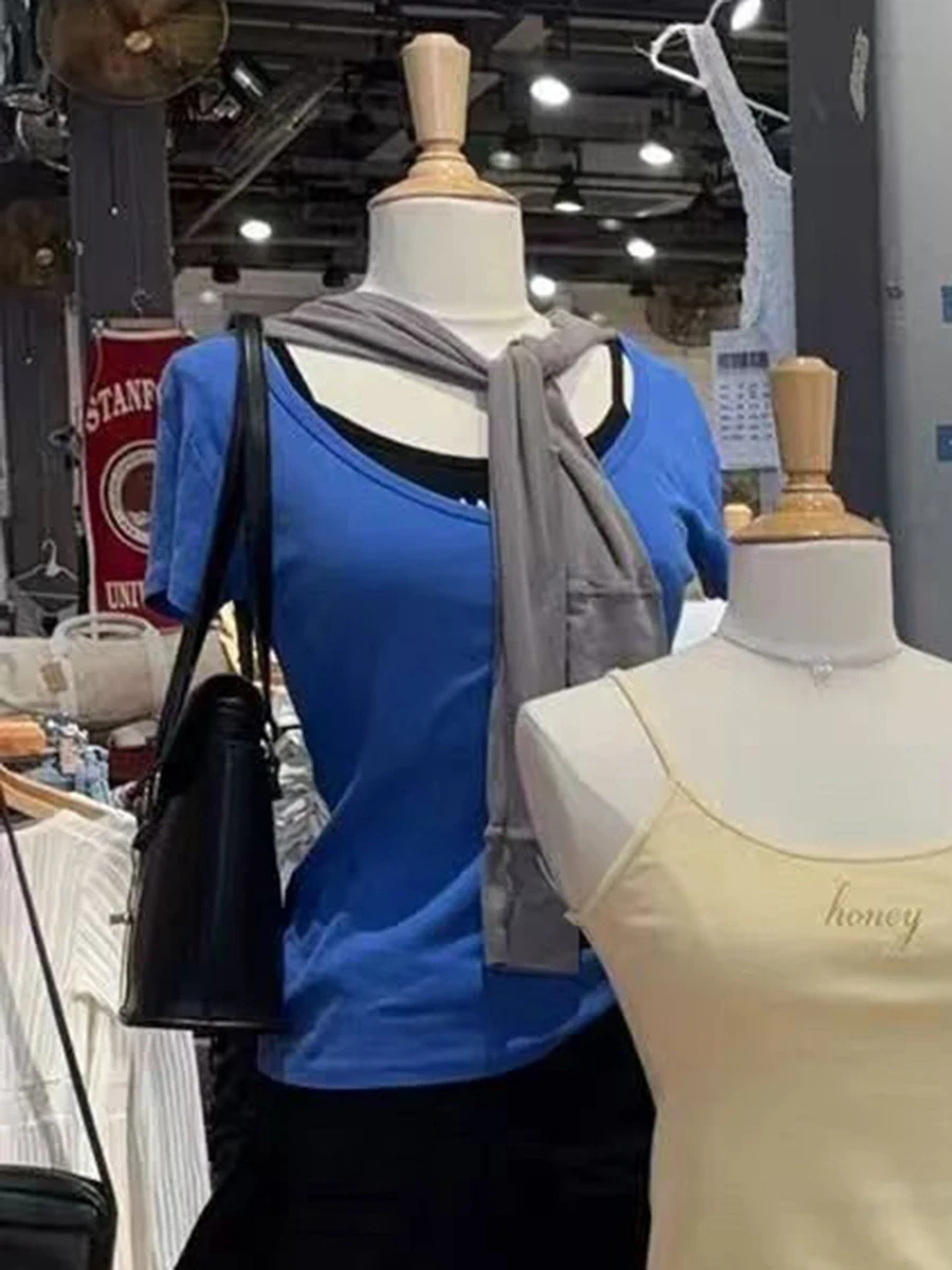 Camiseta ajustada azul eléctrico para mujer, camiseta de algodón de manga corta con cuello en V para verano, camisetas básicas lisas informales para mujer, Top Y2k nuevo