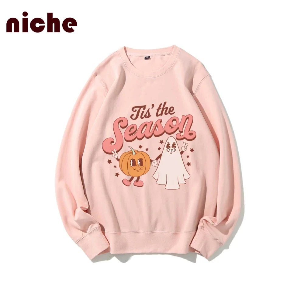 

Cotton High Quality Hoodie Halloween Pumpkin Cute Ghost Graphic Print Neutral Style Oversized Loose Shoulder Sweater