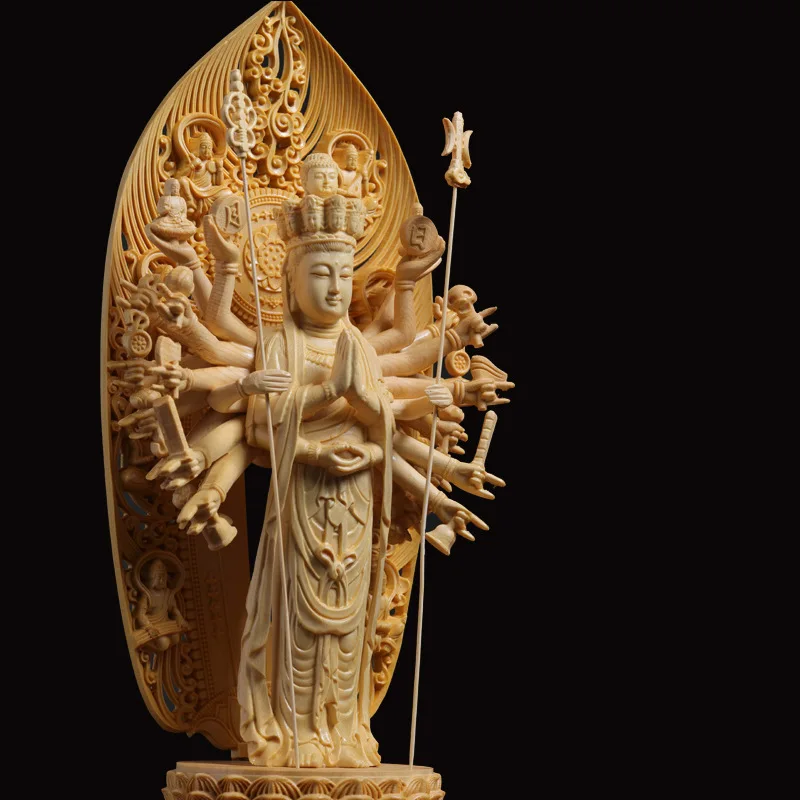 Wood Carved Thousand-Handed Avalokiteshvara (Guanyin) Figurine - 43cm High, Home and Living Room Decor, Perfect Gift