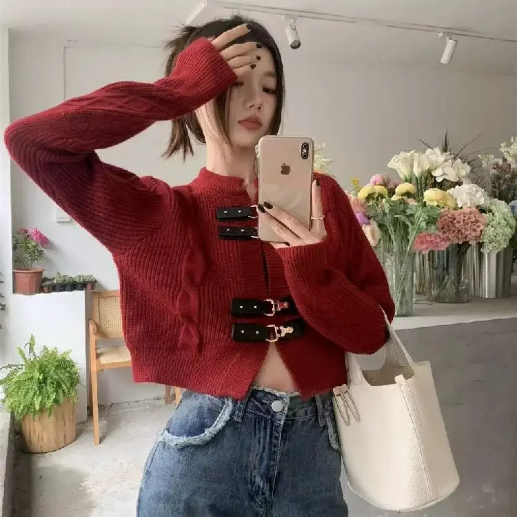 Sweater kardigan kulit gesper pelintir wanita, Sweater rajut Harajuku Korea Y2k lengan panjang, kardigan pendek longgar