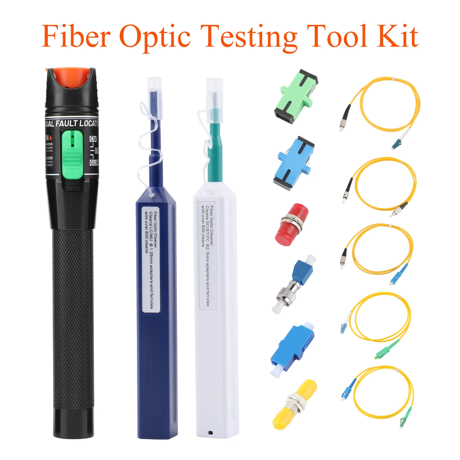 

14PCS Fiber Optic Cable Test Kit 15/30/50/100MW Red Light Tester, 2 Cleaning Pens, SC/FC/ST/LC Adapters, 5 Patch Cords with Bag