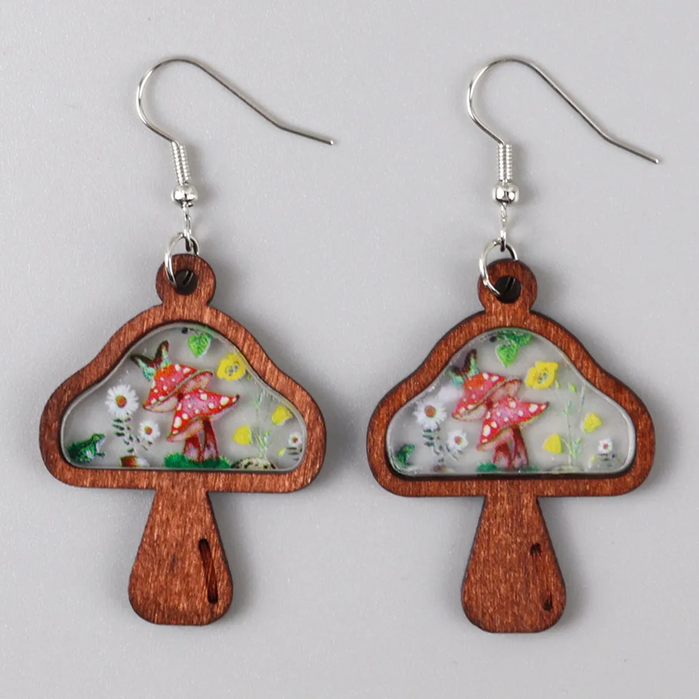 

New Wooden Mushroom Earrings for Women Funny Wood Acrylic Flower Butterfly Print Drop Earring Creative Cute Jewelry Gifts