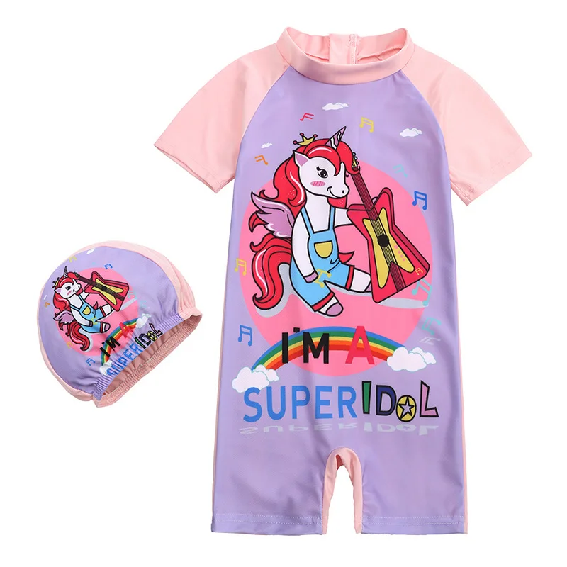 2pcs/set Girls 1-8Y One Piece Swim Suit for Baby Infant Toddler Swim Surf Wear Children Kids Rainbow Unicorn Print With Cap