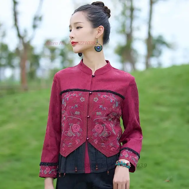 

2024 chinese ethnic blouse national flower embroidery traditional stand collar jacket improved hanfu tops oriental tang suit