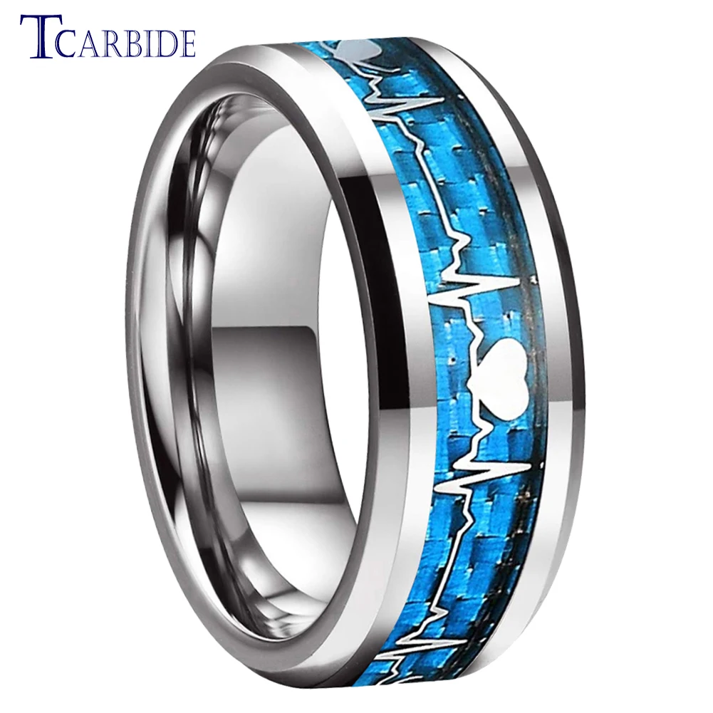 8MM Multicolors Tungsten Carbide Ring for Men Women Trendy Engagement Wedding Band Heartbeat Carbon Fiber Inlay Comfort Fit