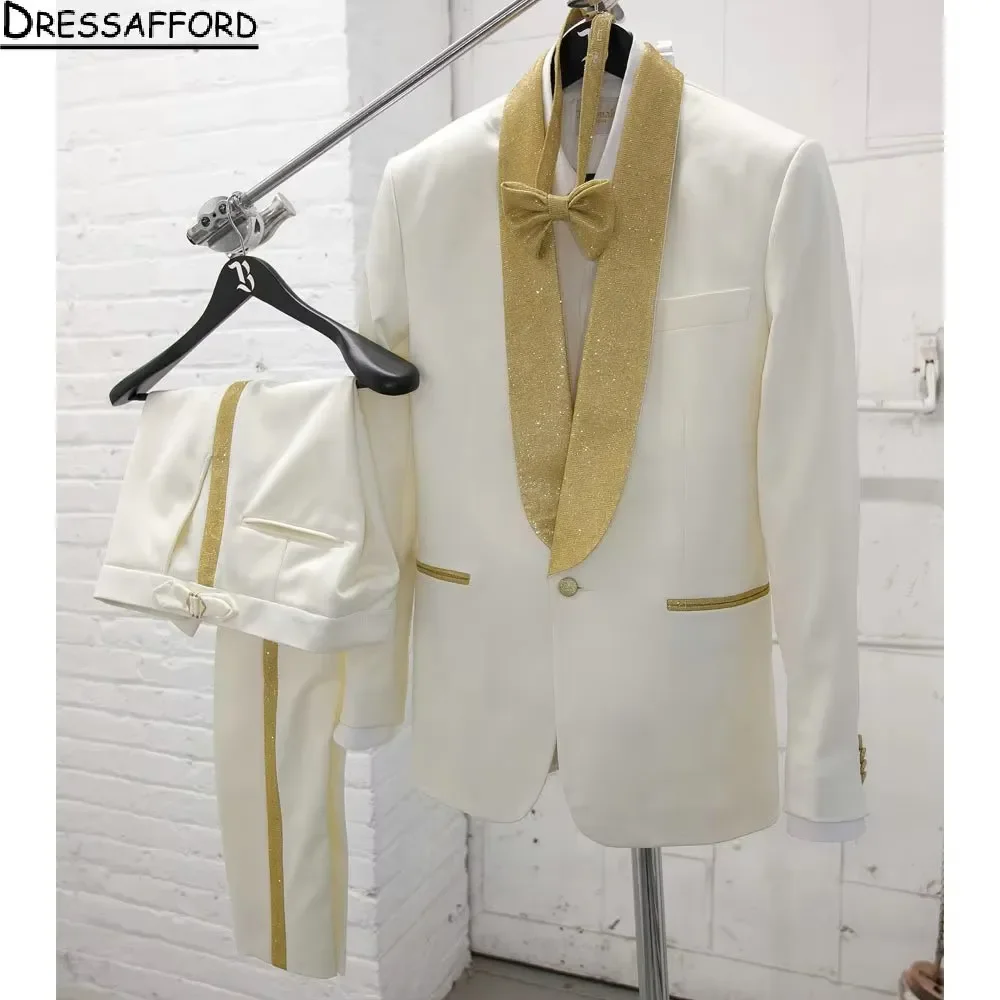 White Simple Men Suits 2 Piece Gold Crystal Fashion Business Casual Wear Party Wedding Groom Tuxedo Jacket Pants