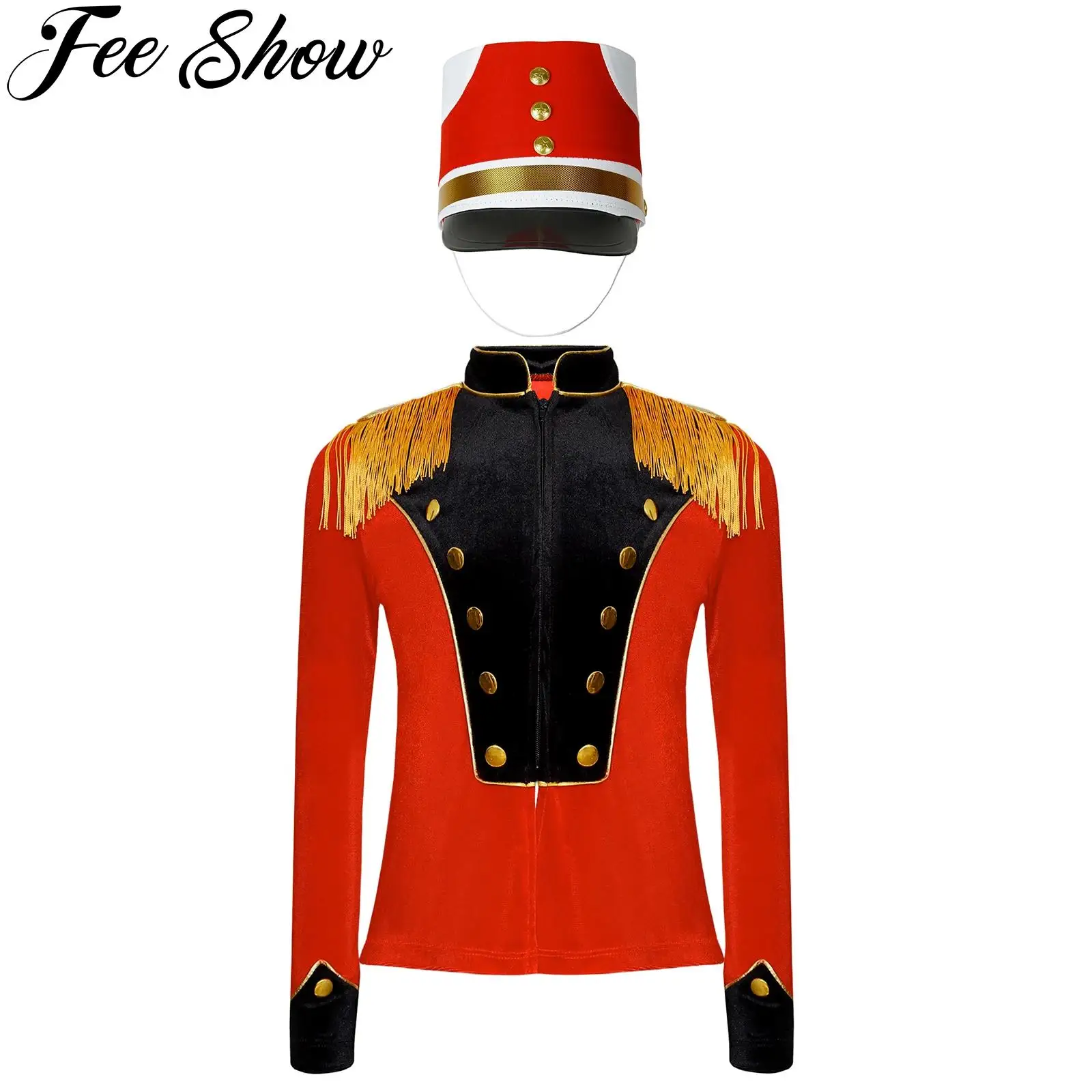 Kids Circus Ringmaster Marching Band Drummer Uniform Costume Long Sleeve Fringe Velvet Jacket with Hat Halloween Fancy Dress Up