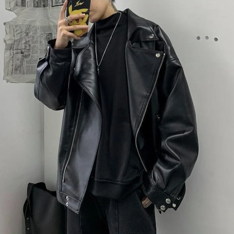 

Loose Men's PU Leather Motorcycle Jacket Stylish Pilot-Style Casual Coat for Young Men Trendy Youth Fashion Outerwear