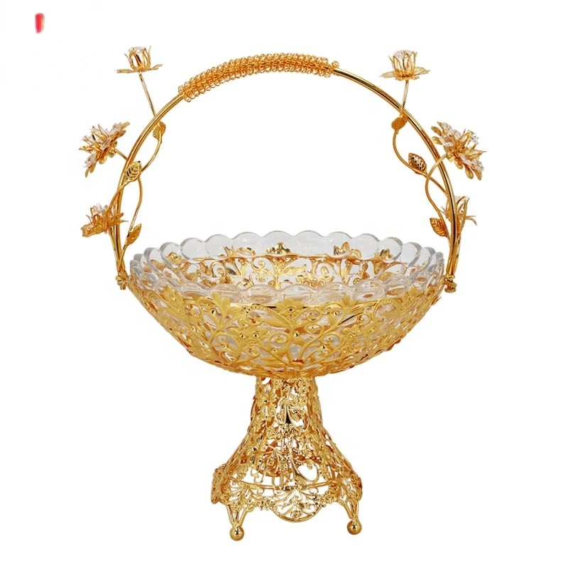 

China factory wholesale fruit basket with metal non slip handle gold metal frame glass fruit basket dish for decorative gift