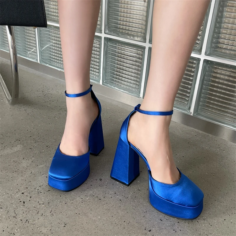 Burgundy Heels Pink Chunky Shoes Women Buckle Platform High Heels Sexy Party Shoes Blue Ladies Pumps Tacones De Mujer