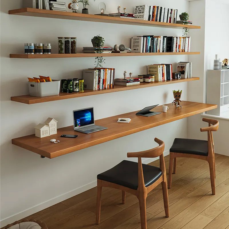 Nordic Solid Wood Desk with Bookshelf Modern Design Floating Wall Mounted Computer Desk Bedroom Study Furniture مكتب عائم FYFD view 3