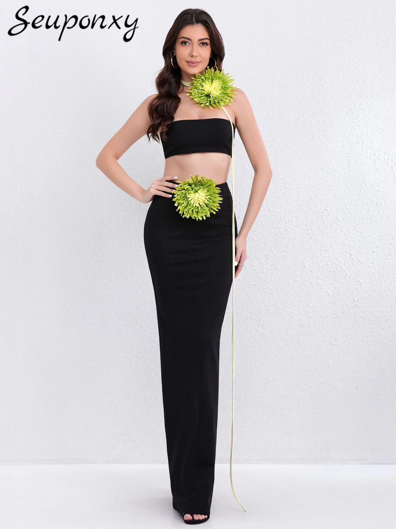 High Quality Women'S 3D Flower Black 2-Piece Set 2024 Sexy Strapless Strapless Strapless Top+High Waisted Long Skirt Party Set