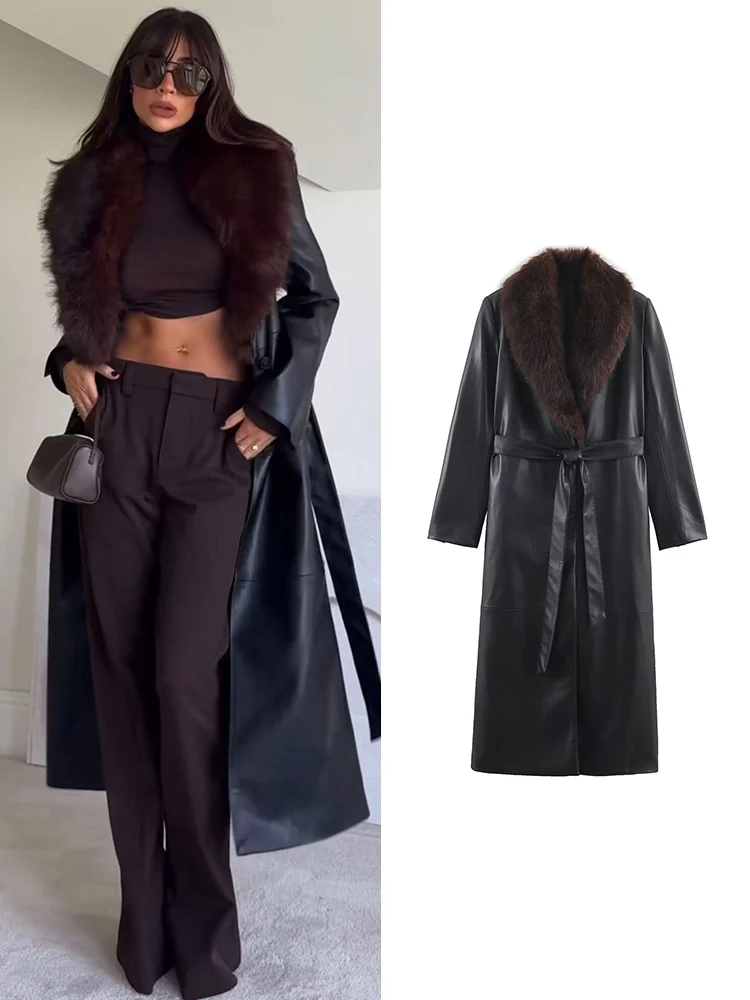 

TFMLN Новое зимнее женское длинное пальто из искусственной кожи, шикарное однотонное пальто с длинными рукавами и меховым воротником, декоративная куртка с поясом из искусственной кожи, уличная верхняя одежда