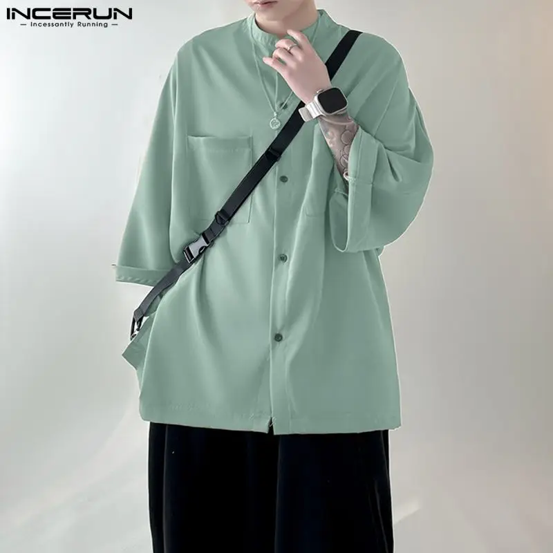 

INCERUN Men Shirt Solid Color Stand Collar 3/4 Sleeve Korean Style Men Clothing Streetwear 2024 Loose Fashion Casual Male Shirts