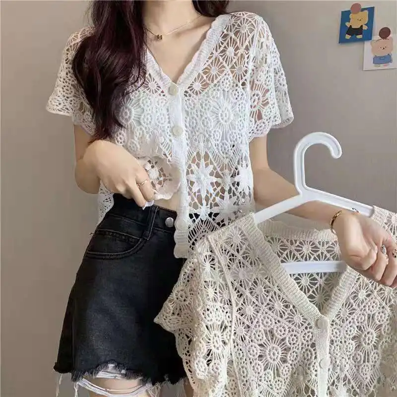 ผ้าไหมน้ําแข็งป้องกันแสงแดด ort เสื้อสเวตเตอร์ถักผู้หญิงฤดูร้อนบาง Hollow ถัก Ele Svel เสื้อกั๊กพร้อมสายคล้อง Dr Cover up