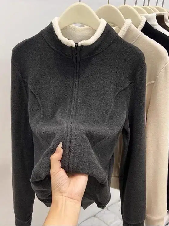 Chaqueta de Punto con Cuello Alto y Cremallera, Diseño de Patchwork de Terciopelo de Cordero, Ropa Exterior para Mujer, Otoño Invierno, Sudadera Cálida y Moderna