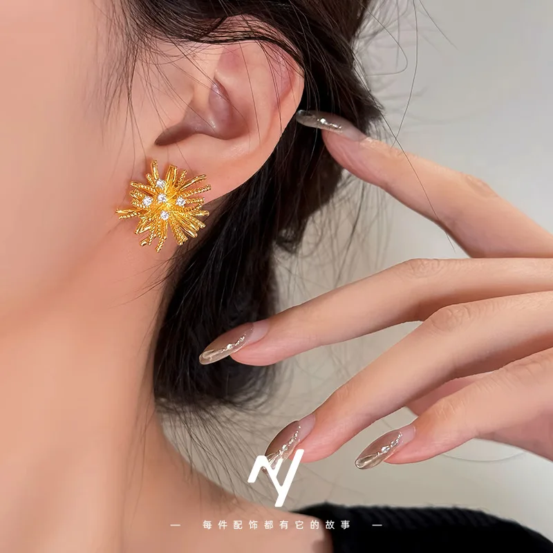 9999 real glod  , light luxury, dazzling fireworks earrings 2025, Korean style, high-end, super sparkling Zircon Dand