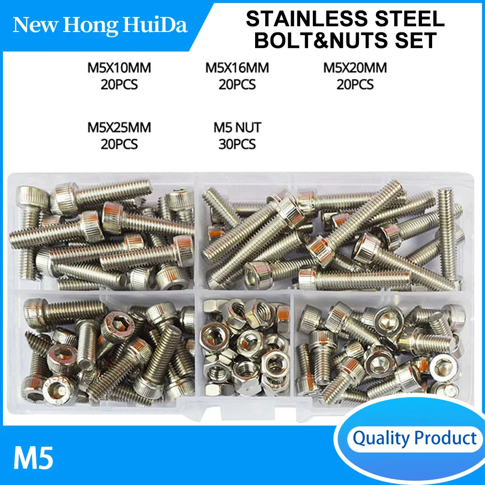 304 Stainless Steel Bolt And Nut Set, Hexagonal Cylindrical Head Screw M5 Metric Thread 10MM-25MM Bolt Machine Assortment Kit