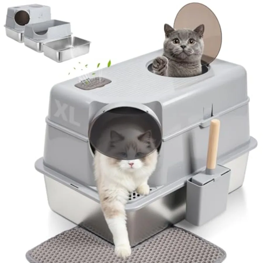 

Stainless Steel Litter Box with Lid, Extra Large Enclosed Metal Cat Litter Box, Dog Proof Front Entry Top Exit, Odor Control Ea