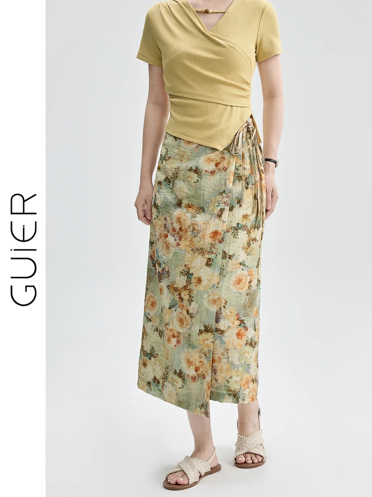 

Женская летняя юбка А-силуэта Guier с асимметричным принтом, высокой талией, разрезом, в стиле ретро, из смесового хлопка, винтажная, средней длины