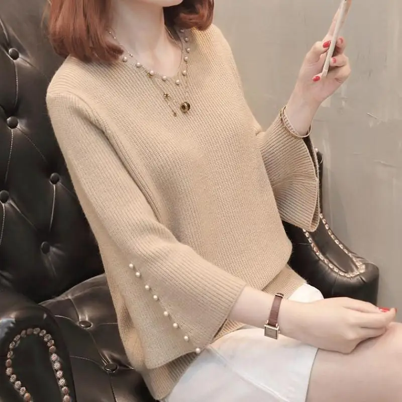 

New Fashion Knitting All-match Pullovers Top Spring Autumn Solid Color Simplicity Sweaters Elegant Temperament Women Clothing