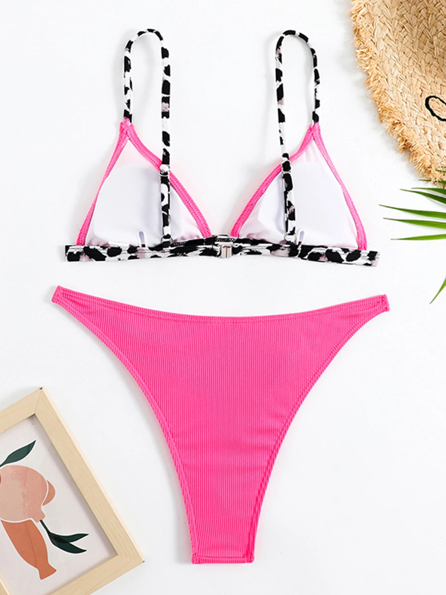 Bikini triangular liso con tirantes de leopardo para mujer, traje de baño Sexy, ropa de playa, 2024