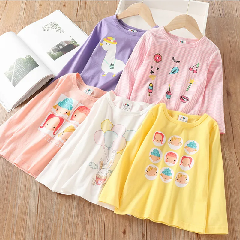 2024 Spring Autumn Fashion New 3 4 5 6 7 8 9 10Years Kids Cute Candy Color Tops Long Sleeve Cartoon Basic T-Shirt For Baby Girls