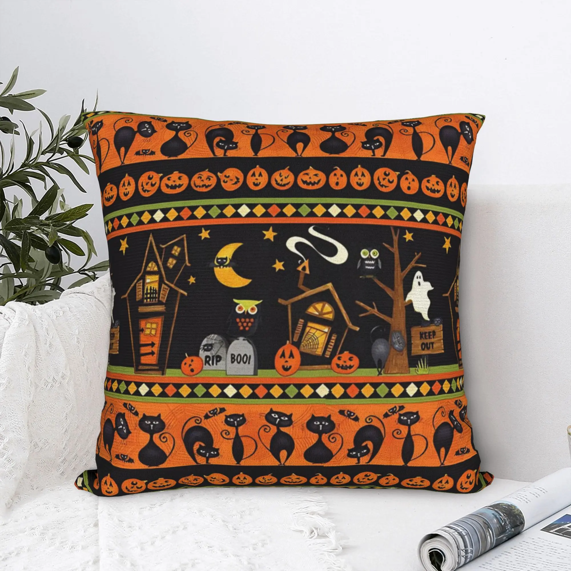 Halloween Pillowcase Polyester Cushion Cover Gift Gothic Bats Ghosts Witch Throw Pillow Case Cover Home Zippered 18'