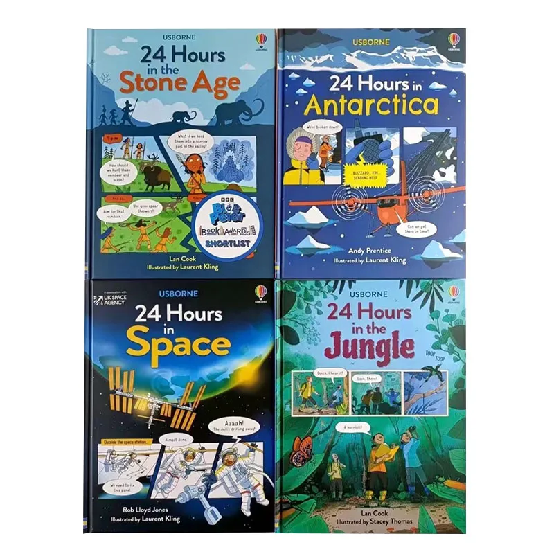 

4books Usborne 24 Hours in the Stone Age Space Jungle Antarctica Kids Early Education English Reading Picture Book Hard Cover