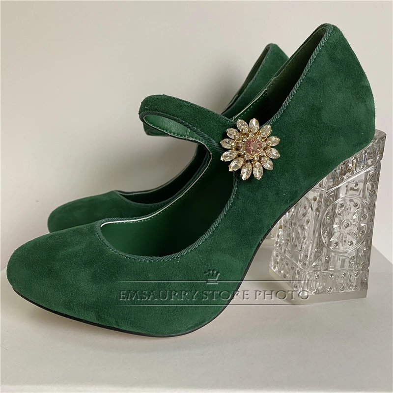 Multicolor Luxury Suede Banquet Shoes Woman Diamond Rhinestone Square Chunky Heel Buckle Belt Spring Women Pumps