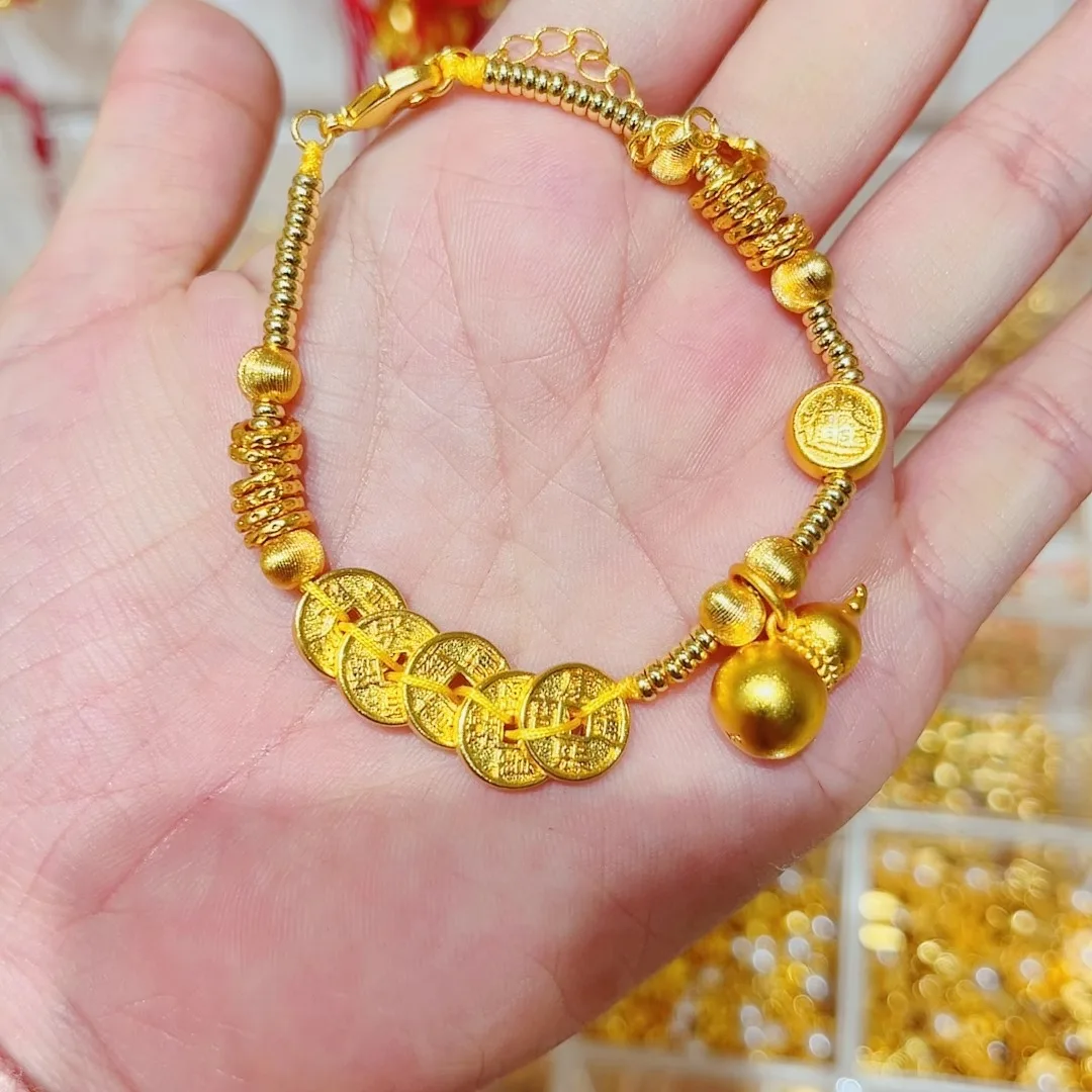 

Женский браслет из 24-каратного золота (AU999) с пятью монетами императора | Кованая монета Цзяцин с приподнятой наливкой