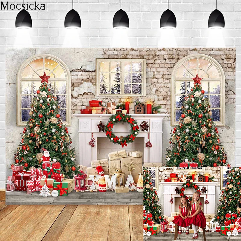 Christmas Fireplace Photography Background Xmas Tree Wreath Children Portrait Photo Backdrop Studio Photo Props Decoration