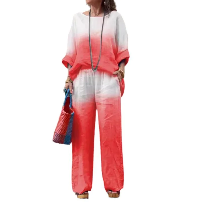 2024 Summer New Women's Fashion Gradient Print Casual Loose Two-piece Set Ensemble Femme 2 Pièces