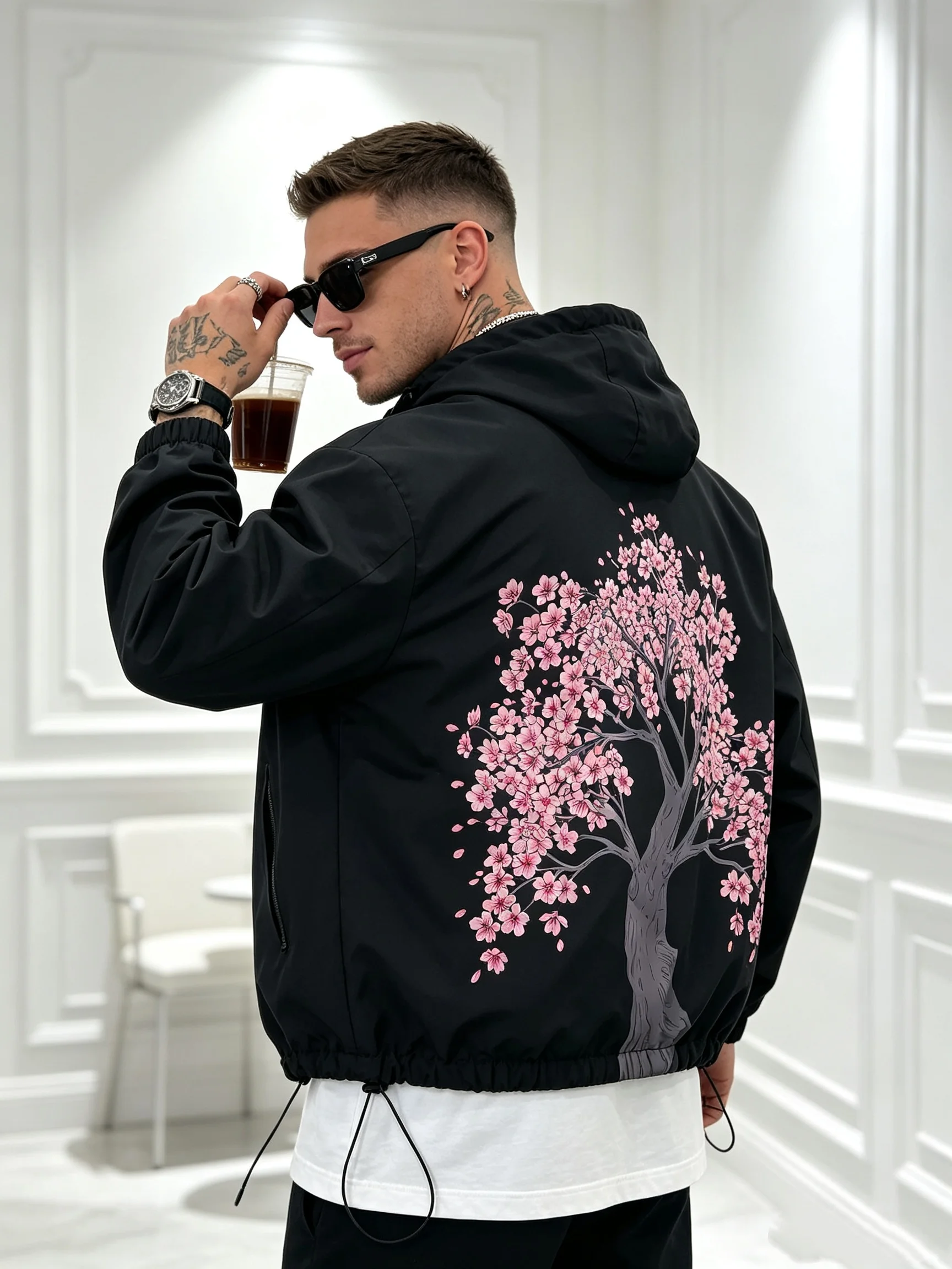 Men's Hooded Windbreaker Jacket, Back Cherry Blossom Graphic Print Streetwear Coat, Zipper Pockets Drawstring Hem Casual Outerwe
