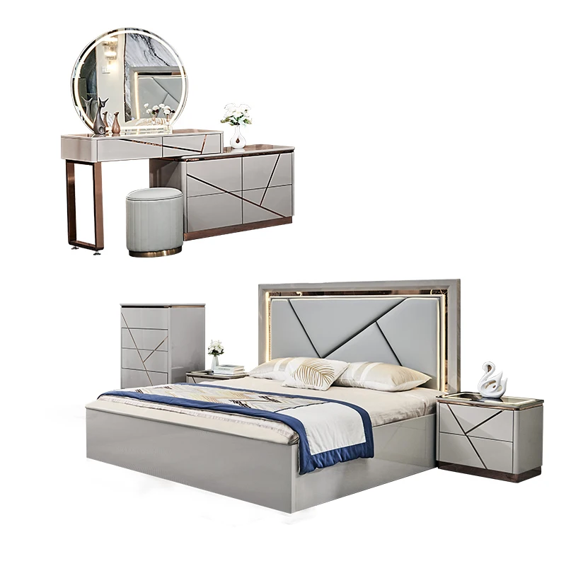 &Modern Design Luxury Wood Leather King Size Bed 6 Piece Set White Wooden Frame Queen Full Mdf Home Furniture Bedroom Sets