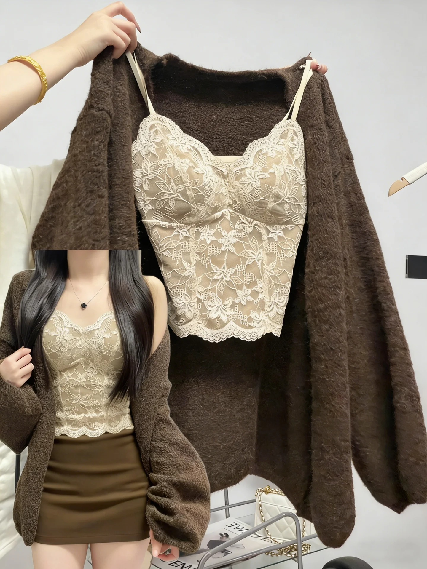 

French Sle Lace Fibone Underwear Small Strap Vest Women Spring Floing Warm Pure Desire Inner Wear Top Set V-ne Knitte...