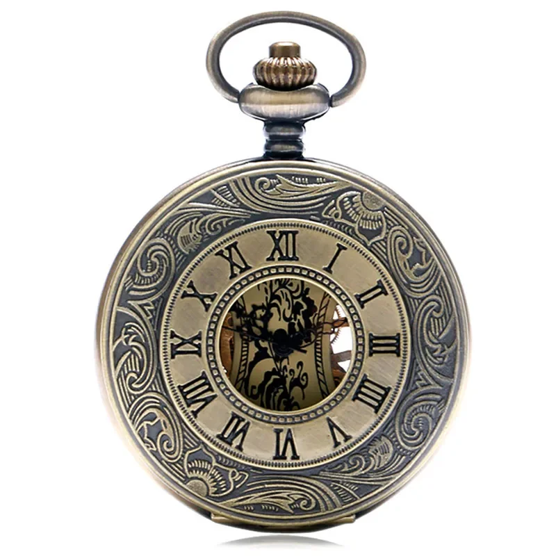 Bronze Roman Numerals Case Steampunk Pocket Watch Skeleton Mechanical Handwinding Clock with Fob Pendant Chain Gift To Men