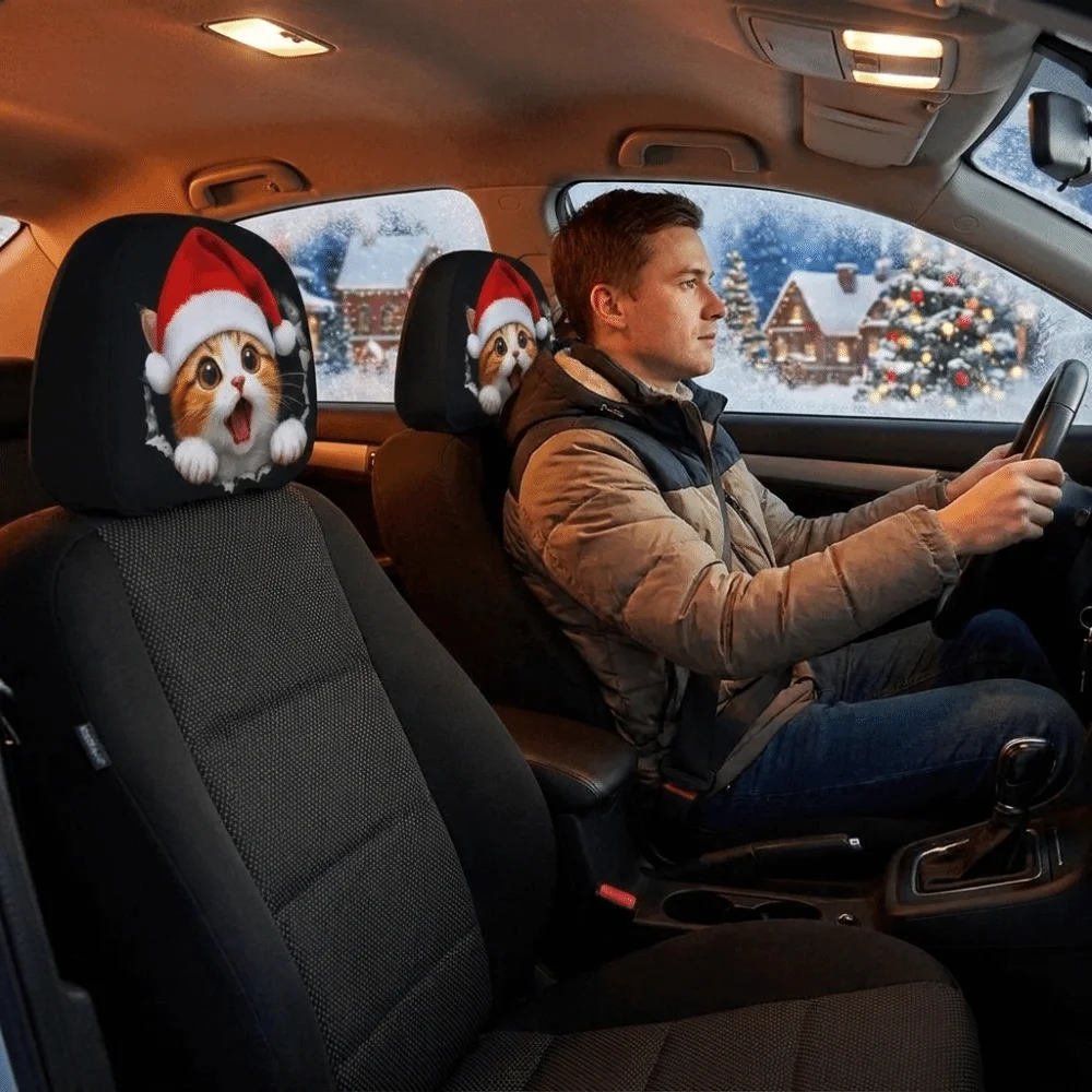 2PCS Elastic Santa Print Car Pillowcase Cartoon Cat Soft Christmas Car Headrest Cover Cute Stain-Proof Auto Seat Headcover