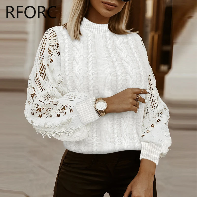 

2023 Women Solid Hook Flower Hollow Lace Long Sleeves Knitting Pullovers Tops