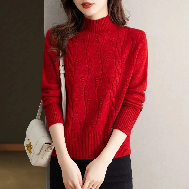 Autumn Winter New Semi-Turtle Neck Sweater Women Twist High-Quality Pullover Loose Coat Fashion Knitwear Female Bottoming Shirt