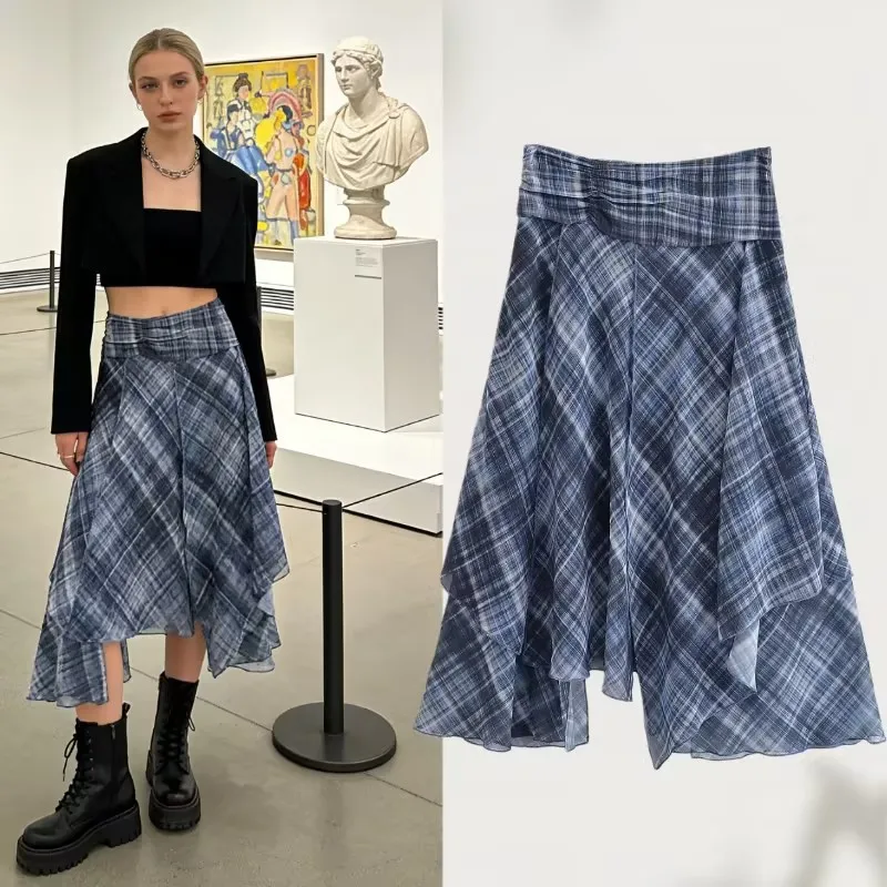 

Женская модная простая юбка-миди, осенне-зимняя уличная универсальная асимметричная клетчатая юбка трапециевидной формы, элегантная и повседневная нижняя юбка